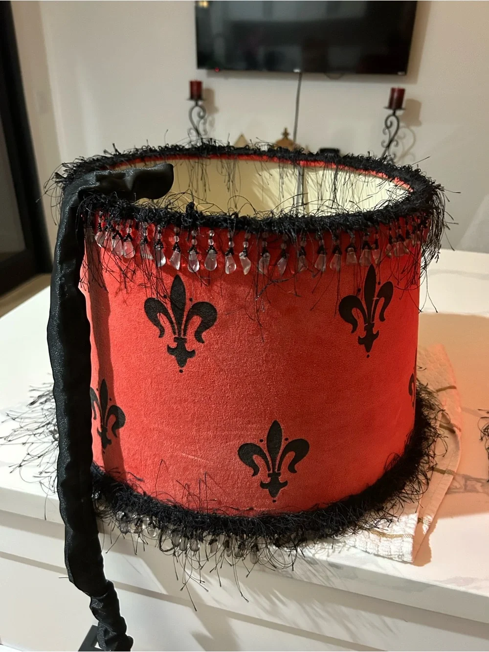2 Red & Black Fleur-de-Lis Decorative Electrical Lamp Shades